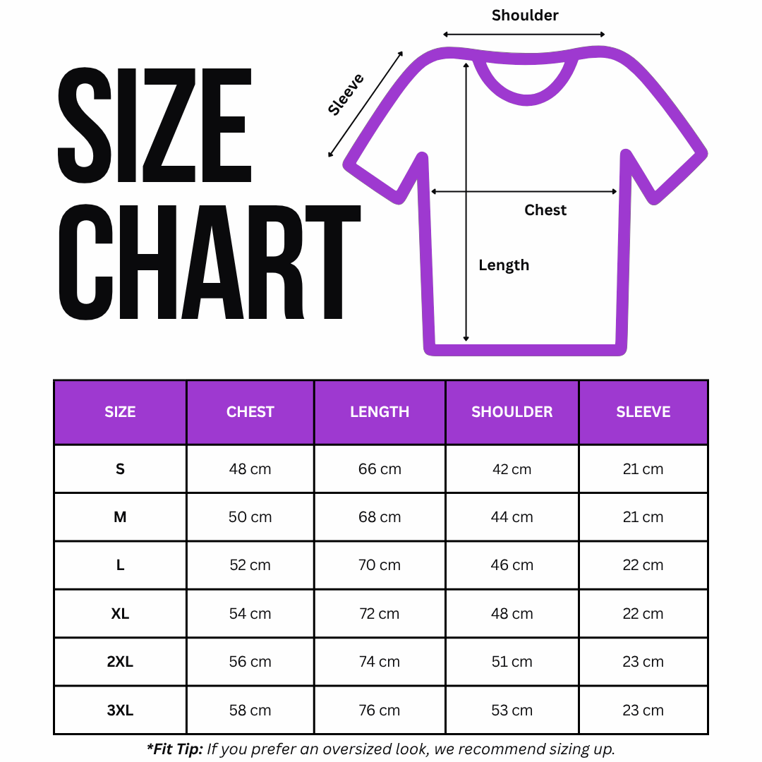 A size chart graphic for a dog t-shirt, showing a purple outline diagram of a shirt with labeled chest, length, shoulder, and sleeve measurements, plus a size table from S to 3XL with corresponding measurements.